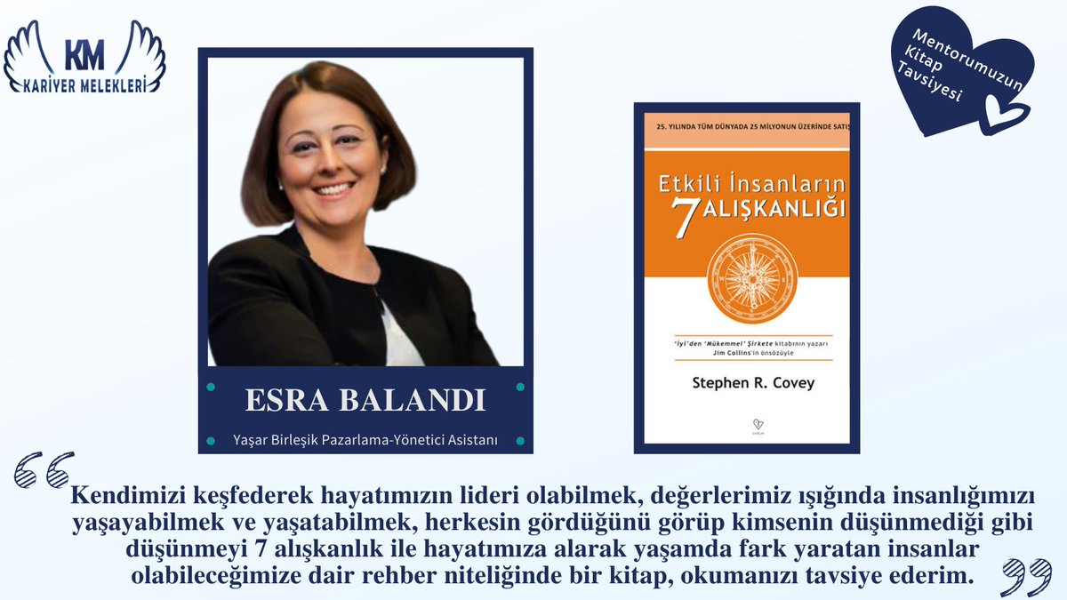 Değerli Mentorumuz Esra Balandı’nın sizler için tavsiye edip seçtiği kitap; 
‘’ Etkili İnsanların 7 Alışkanlığı- Stephen R. Covey ‘’
Henüz okumadıysanız merakla okuyacağınız bu kitabı okuma listenize ekleyebilirsiniz.

Okuma listenizde hangi kitaplar var?
#kitap #tavsiye #mentor