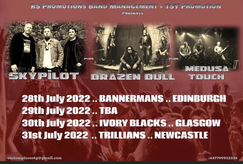 MedusaTouch1's tweet image. ♠️♠️ GIG ANNOUNCEMENTS ♠️♠️

We are delighted to announce that we will be playing with SKYPILOT &amp;amp; BRAZEN BULL next July in a series of dates. Get them in the diary 

Big thanks to Ric @ RS Promotions band management