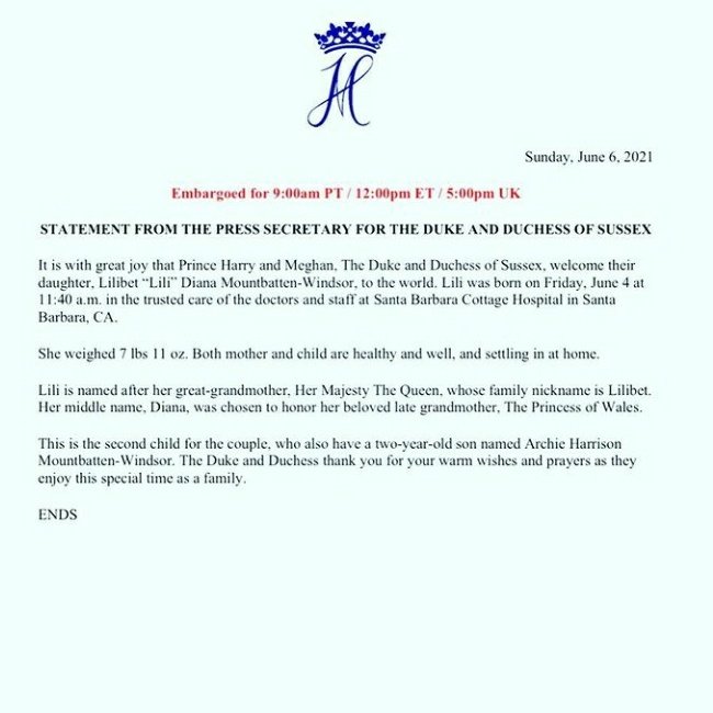 The Duke And Duchess Of Sussex Congratulations On The Birth Of Lilibet Lili Diana Mountbatten Windsor Being Born On Friday Morning