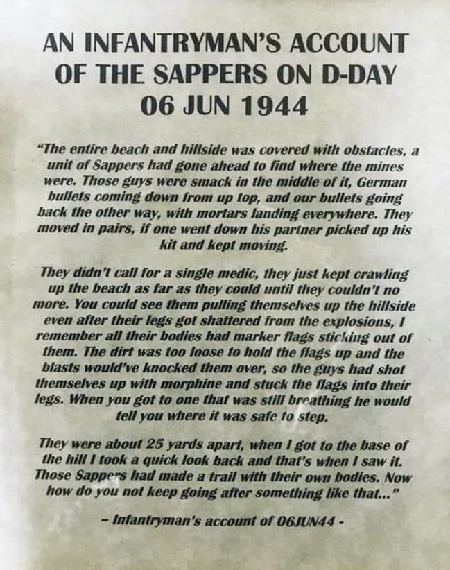 1 RSME Regiment (@1rsmeregt) on Twitter photo Today marks the 77th anniversary of DDay. We remember not only the Sappers but all those that served on the Normandy beaches, especially those that gave the ultimate sacrifice. Their sacrifice gave us the freedoms we have today! #FollowtheSapper #Remember #DDay77 <a href="/Proud_Sappers/">Corps of Royal Engineers</a> Today marks the 77th anniversary of DDay. We remember not only the Sappers but all those that served on the Normandy beaches, especially those that gave the ultimate sacrifice. Their sacrifice gave us the freedoms we have today! #FollowtheSapper #Remember #DDay77 <a href="/Proud_Sappers/">Corps of Royal Engineers</a>