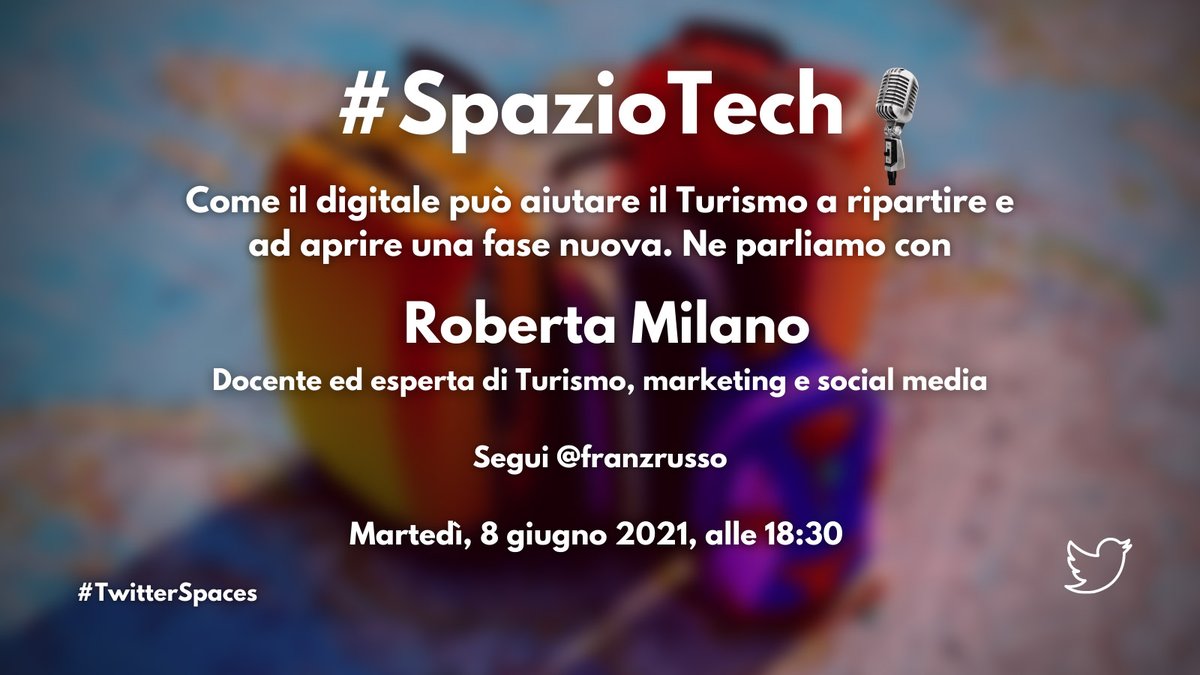 A #SpazioTech🎙️ martedì #8giugno, alle 18:30, si parlerà di #Turismo, digitale e ripartenza. Lo faremo con una grande esperta come <a href="/robertamilano/">Roberta Milano</a>.
Qui il link per collegarsi su #TwitterSpaces 🟣 da mettere in promemoria 📝
👇 
x.com/i/spaces/1OdJr…

Microfono acceso, a martedì!