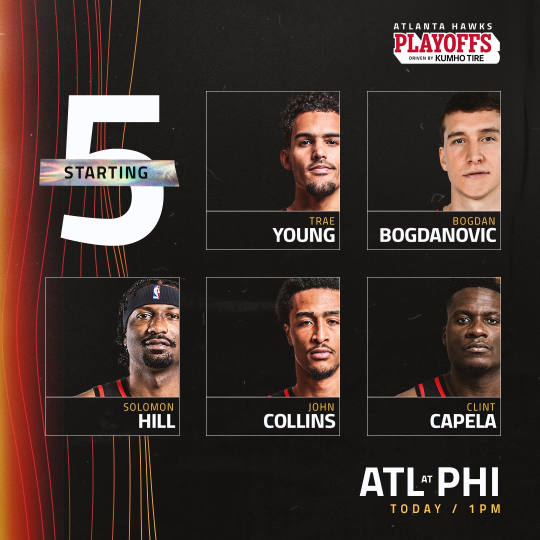 ATLHawks's tweet image. Game 1 Starters: 

1️⃣ » @TheTraeYoung
2️⃣ » @LeaderOfHorde
3️⃣ » @solohill 
4️⃣ » @jcollins20_
5️⃣ » @CapelaClint