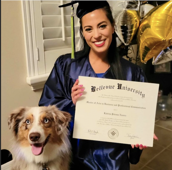 BellevueU's tweet photo. Congratulations to Katrina on graduating with her Master of Arts in Business and Professional Communication from Bellevue University! We know you will go on to do amazing things!  🎓🐶

#BUGrad #Classof2021 https://t.co/6DzLeYVrxC