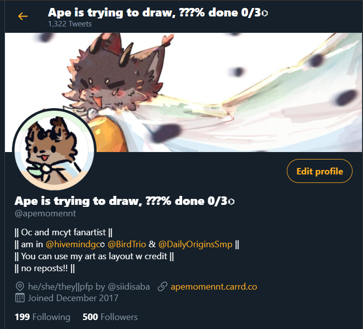 Apemomennt's tweet image. Heyo ape, this is made on 06.06.2021. You just hit 500 followers! 
prettypog,,is ur name still Ape? How is dsmp going (dead probs lmao). do u still watch wiblur :]? 

are u still as cool as me? u bettter be &amp;gt;:[ (maybe even coolr)

hope ur doing well,,if not well SUCKS TO SUCK IG!