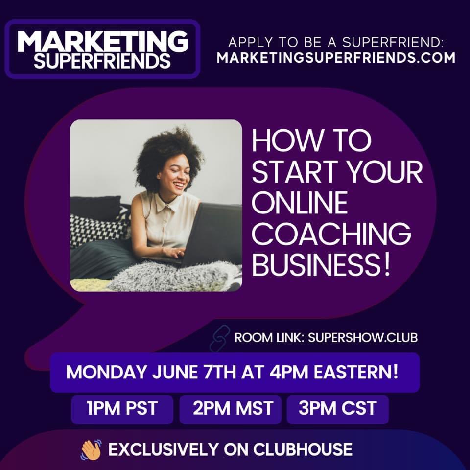I'm discussing “How to Start Your Online Coaching Business!” with @Fabwithalice,<a href="/rolandsemprie/">Roland Semprie</a>, @cindyrconstable, <a href="/JalynnAdrienne/">Jalynn Adrienne Jones, MSG</a>, in The VIP Room. Tomorrow, Jun 7 at 4:00 PM EDT on <a href="/clubhouse/">Clubhouse</a>. Join us! clubhouse.com/event/xjDreqNm