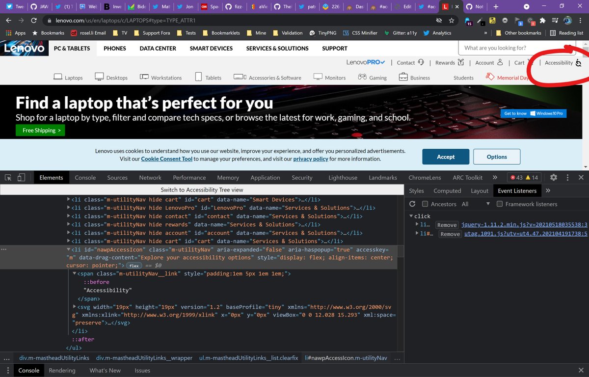aardrian's tweet photo. Absolute accessibility mess at @Lenovo (relying on #EqualWeb overlay).
1. The control cannot receive keyboard focus and uses the wrong ARIA;
2. It has a click handler on an <li>;
3. Spikes my processor (crashed tab once);
4. Yes, I left feedback.
URL: https://t.co/vFXFObyMQ6 https://t.co/LoafN9BEEB