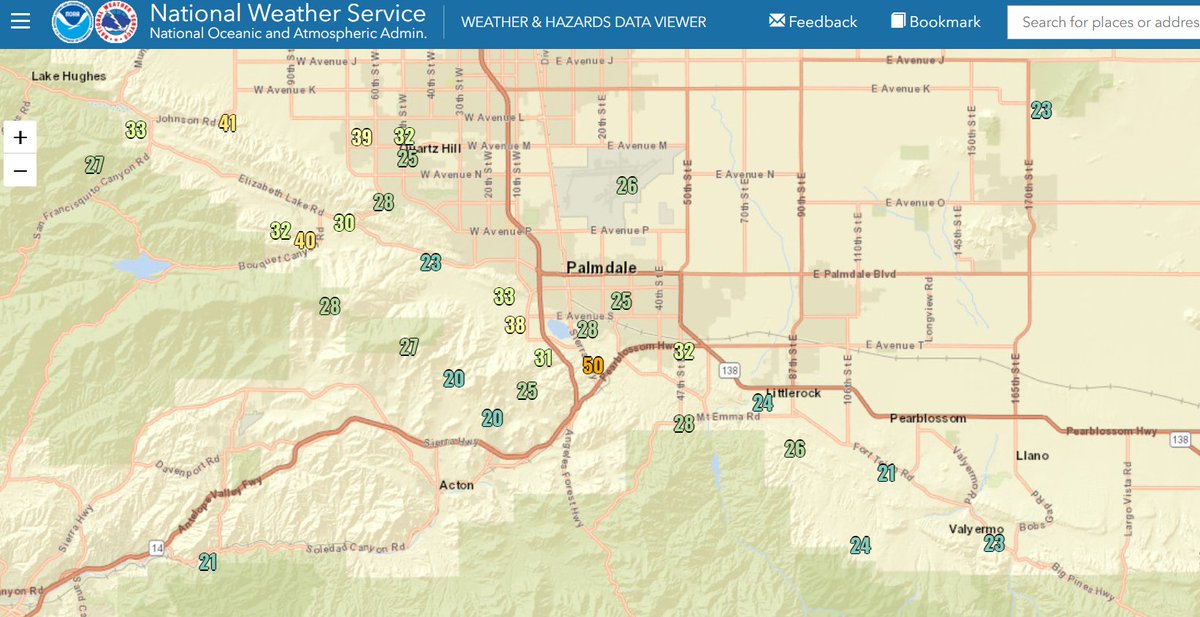 Wind gusts over the Antelope Valley foothills and nearby desert areas. Gusts to 40 mph at Leona Valley, 41 mph at Johnson Rd, and 50 mph at Lake Palmdale shown.