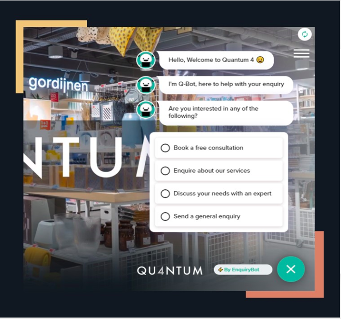 Q4RetailDesign's tweet image. We love chatting about any enquiry and now we’re making it even easier to contact us. Introducing the latest member of our team- QBot. Give it a try and please let us know what you think: quantum4.co.uk