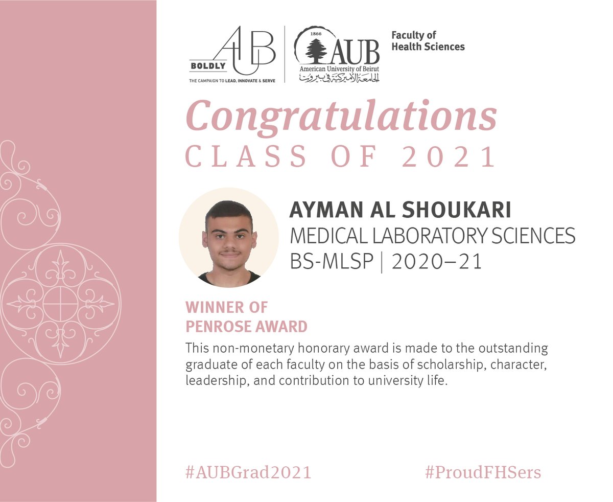 Faculty of Health Sciences at AUB (@fhs_aub) on Twitter photo Congratulations to FHS undergraduate awardees!
#AUB #FHS #AUBGrad2021 #ProudFHSers
<a href="/AUB_Lebanon/">American University of Beirut</a> <a href="/fhschapter/">AUB Health Sciences Alumni Chapter</a> <a href="/AUBDeltaOmega/">Delta Omega Society-Gamma Delta Chapter AUB</a> <a href="/AUBAlumni/">Alumni Relations Office at AUB</a> Congratulations to FHS undergraduate awardees!
#AUB #FHS #AUBGrad2021 #ProudFHSers
<a href="/AUB_Lebanon/">American University of Beirut</a> <a href="/fhschapter/">AUB Health Sciences Alumni Chapter</a> <a href="/AUBDeltaOmega/">Delta Omega Society-Gamma Delta Chapter AUB</a> <a href="/AUBAlumni/">Alumni Relations Office at AUB</a>