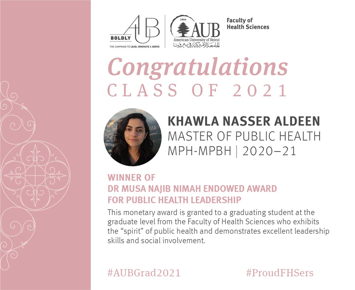 Faculty of Health Sciences at AUB (@fhs_aub) on Twitter photo Congratulations to FHS graduate awardees!
#AUB #FHS #AUBGrad2021 #ProudFHSers
<a href="/AUB_Lebanon/">American University of Beirut</a> <a href="/fhschapter/">AUB Health Sciences Alumni Chapter</a> <a href="/AUBDeltaOmega/">Delta Omega Society-Gamma Delta Chapter AUB</a> <a href="/AUBAlumni/">Alumni Relations Office at AUB</a> Congratulations to FHS graduate awardees!
#AUB #FHS #AUBGrad2021 #ProudFHSers
<a href="/AUB_Lebanon/">American University of Beirut</a> <a href="/fhschapter/">AUB Health Sciences Alumni Chapter</a> <a href="/AUBDeltaOmega/">Delta Omega Society-Gamma Delta Chapter AUB</a> <a href="/AUBAlumni/">Alumni Relations Office at AUB</a>