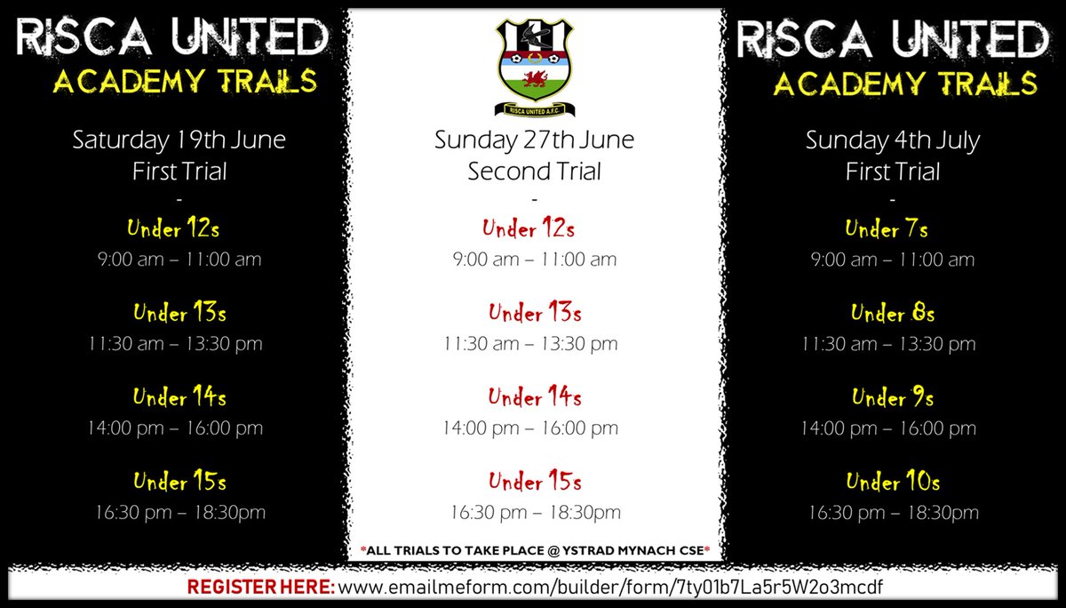 ⚽️TRIAL DATES FOR 2021/22 SEASON⚽️

Opportunities from ages U7s-U15s.

Please see below the details for each age group.

All trials to be held at <a href="/CSEYstradMynach/">CSE Ystrad Mynach</a>

Please register your interest by following this link; emailmeform.com/builder/form/7… 

#YoungCuckoos ⚫⚪⚽️