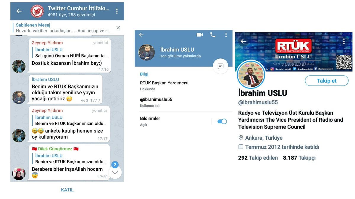 Tarafsız olması beklenen RTÜK'ün başkan yardımcısı İbrahim Uslu'nun trollerin ve bir partinin Telegram odasına katıldığı görüldü