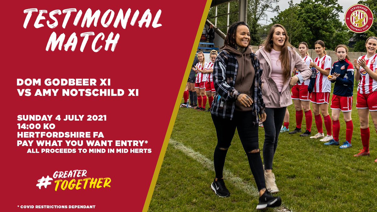 📅 𝙏𝙚𝙨𝙩𝙞𝙢𝙤𝙣𝙞𝙖𝙡 𝙈𝙖𝙩𝙘𝙝: 𝘼 𝘿𝙖𝙩𝙚 𝙁𝙤𝙧 𝙔𝙤𝙪𝙧 𝘿𝙞𝙖𝙧𝙮
In recognition of Dom Godbeer’s and Amy Notschild’s incredible service to SFCW we will be holding a testimonial match on Sunday 4 July 2021. All gate entry proceeds will go towards <a href="/MindInMidHerts_/">Mind in Mid Herts</a>