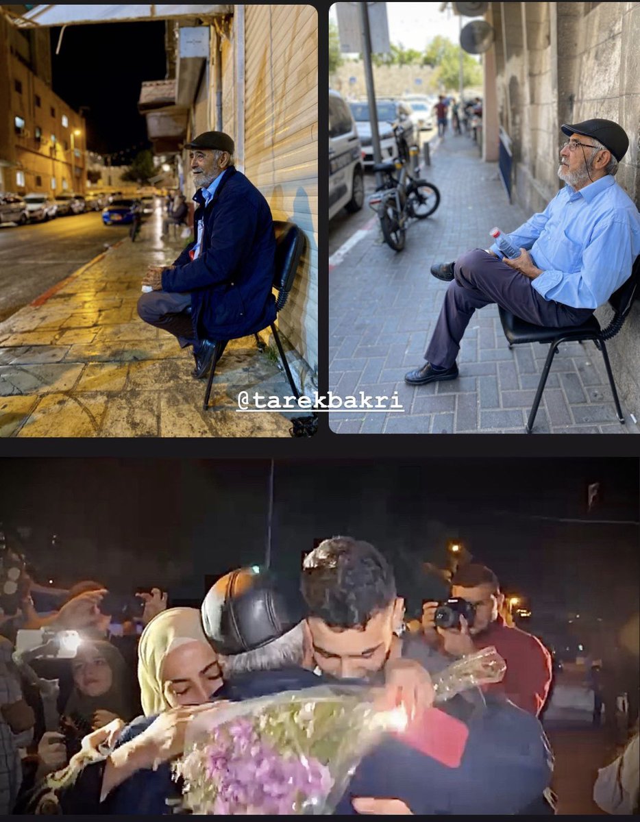 Barahmeh's tweet photo. This is everything. Mohammed and Muna free and reunited with Nabil whose been waiting outside The Israeli police station all day and into the evening. What a family. Via Tarek Baker  on IG https://t.co/MnTy6mExft