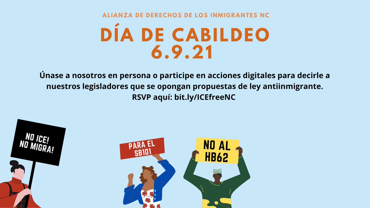 ACLU_NC's tweet photo. Join Alianza de los Derechos at on June 9th for an #ncga Lobby Day to reject anti-immigrant legislation. https://t.co/BCHbTYEku0
#STOPSB101
#STOPHB62
#ICEOUTOFNC
#ICEFREENC
#ncpol https://t.co/C0XazAwONX