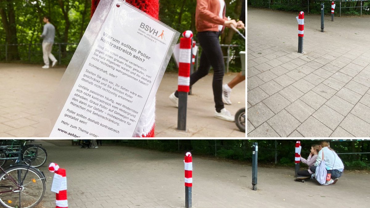 Dunkle Poller & andere schlecht gekennzeichnete 'Stadtmöbel' sind f. Menschen mit #Sehbehinderung Gefahrenzonen. Daran & an das Motto: „Ich sehe so wie du nicht siehst“ soll der heutige #Sehbehindertentag erinnern. 
Foto: Markierte Poller im #Isebekpark in #Eimsbüttel @BSVH