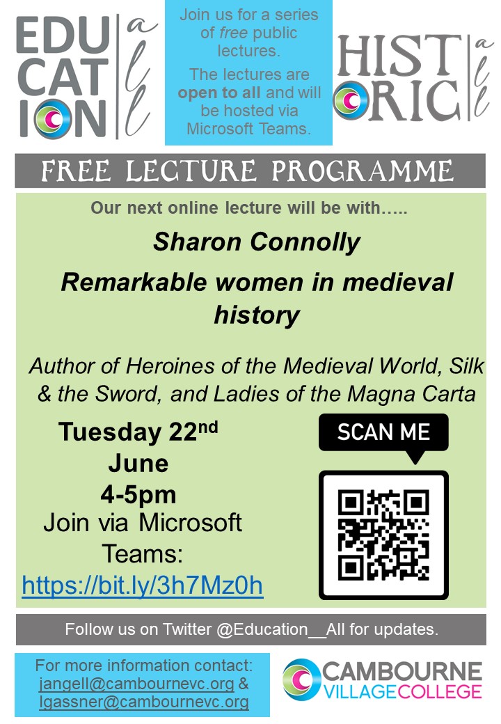 Education__All's tweet photo. We can't wait for @Thehistorybits to present her @historic_all #history lecture! From the great heiresses to religious anchorites, Sharon will speak of how women of all classes and vocations influenced European history. Join via https://t.co/ArfftfOEY2 #historyteacher Open to ALL https://t.co/1zmwWFlKMo
