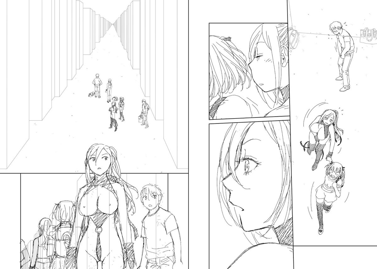 見開き単位で作業してた連載の下描き
台詞フキダシ擬音無しバージョン57↓

今回は話しの展開上服装が乱れております😱
下描きのラフな絵なので大目に見てやってください😅 