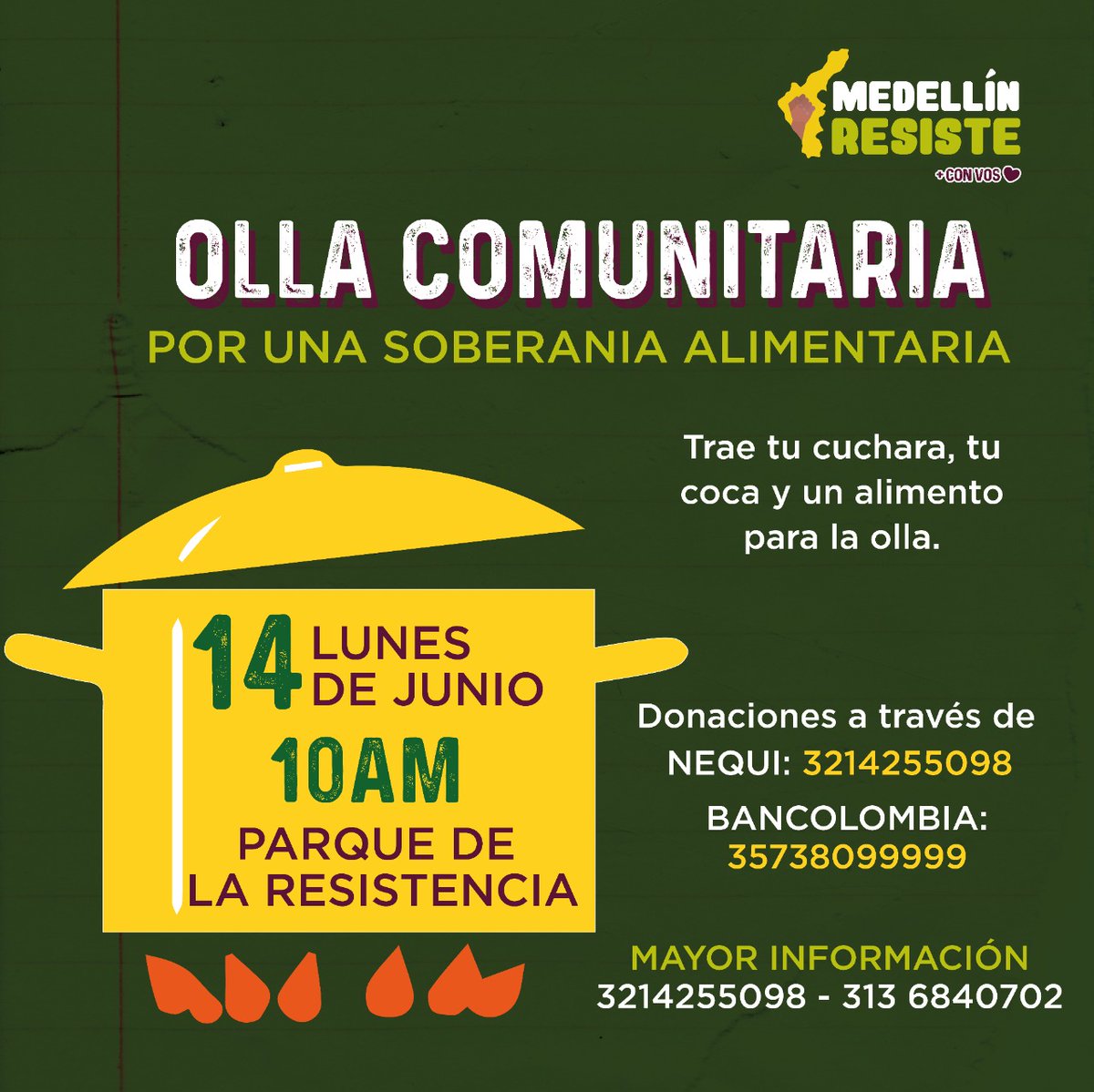 MedResiste's tweet photo. #OllaComunitaria #SoberaníaAlimentaria #ElParoNoPara
La olla nacional del paro, por una soberanía alimentaria.
El lunes 14 de junio desde las 10 am, en la parque de la resistencia.
Trae tu cuchara, tu coca y un alimento para la olla. https://t.co/XZtYskSsHy