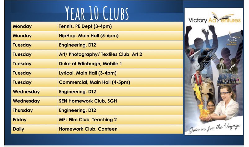 Victory Adventures (@victoryadventur) on Twitter photo Back to school tomorrow means Enrichment Clubs Restart too! A few changes to the timetable so please check out your club and if you fancy trying a new club! <a href="/VictoryAcad/">Victory Academy</a> <a href="/VictoryPEDept/">Victory PE Dept.</a> <a href="/DrDawnAllenOVA/">D. Allen</a> <a href="/VictoryFacade/">Victory Facade</a> <a href="/ArtAtVictory/">Art, Photography & Textiles @ Victory</a> <a href="/ScienceVictory/">Science @ Victory</a> Back to school tomorrow means Enrichment Clubs Restart too! A few changes to the timetable so please check out your club and if you fancy trying a new club! <a href="/VictoryAcad/">Victory Academy</a> <a href="/VictoryPEDept/">Victory PE Dept.</a> <a href="/DrDawnAllenOVA/">D. Allen</a> <a href="/VictoryFacade/">Victory Facade</a> <a href="/ArtAtVictory/">Art, Photography & Textiles @ Victory</a> <a href="/ScienceVictory/">Science @ Victory</a>