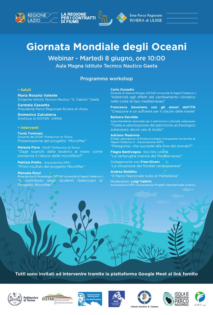 RivieraDiUlisse's tweet photo. Martedì 8 giugno, alle ore 10:00, in occasione della #GiornataMondialeDegliOceani, il #ParcoRegionaleRivieraDiUlisse organizza un webinair presso l'aula magna dell'#IstitutoTecnicoNauticoGaeta
Tutti sono invitati a partecipare su Google Meet al link:
https://t.co/d1k8DICve8 https://t.co/FPTF92Exdl