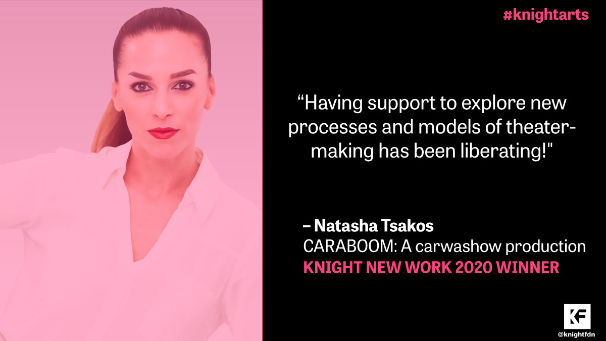 knightfdn's tweet photo. #Art can connect people even in difficult circumstances, and that's exactly what Knight New Work 2020 winner @NatashaTsakos is doing w/ CARABOOM! The #Miami artist will immerse participants in a theatrical experience from their vehicles. More: https://t.co/xjutNC6GUV #knightarts https://t.co/BD40YG9Uf6