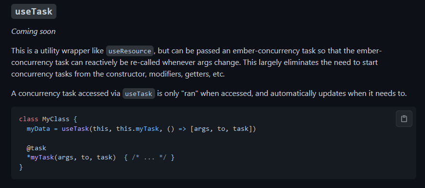 nullvoxpopuli's tweet photo. 🎉First release of ember-resources!

https://t.co/jSpSR28Xz6

Docs are light, but I wanted to get this released before the end of the weekend. PRs welcome ;)

✨Fully supports #TypeScript 

useResource for both classes and functions!

Coming soon: useTask (for ember-concurrency) https://t.co/JsUQLEG41X
