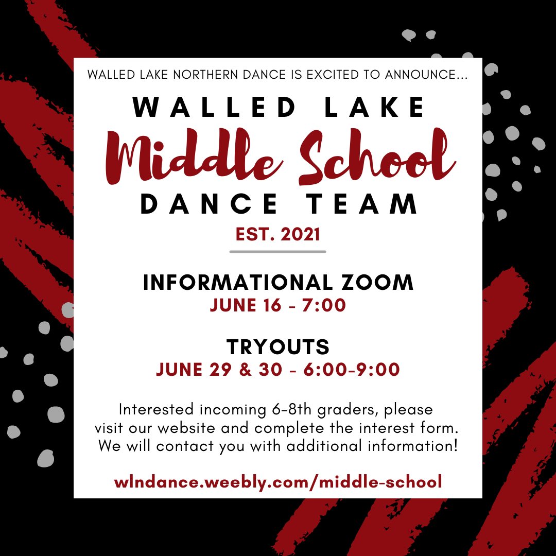 Christina Bierley (@mrsbierley) on Twitter photo Have you heard the news?! 💃🏻 Introducing the WALLED LAKE MIDDLE SCHOOL DANCE TEAM! 🤩 Interested dancers, visit wlndance.weebly.com/middle-school to complete the interest form! <a href="/WalledLkSchools/">Walled Lake Schools</a> <a href="/WalledLakeAth/">Walled Lake AD</a> <a href="/kennethgutman/">Kenneth Gutman</a> <a href="/CliffordSmart/">Clifford Smart MS</a> <a href="/WalnutCreekMS/">Walnut Creek Middle</a> <a href="/geislerwolfpack/">James R. Geisler Middle School</a> <a href="/Banksmiddle/">Banks Middle School</a> Have you heard the news?! 💃🏻 Introducing the WALLED LAKE MIDDLE SCHOOL DANCE TEAM! 🤩 Interested dancers, visit wlndance.weebly.com/middle-school to complete the interest form! <a href="/WalledLkSchools/">Walled Lake Schools</a> <a href="/WalledLakeAth/">Walled Lake AD</a> <a href="/kennethgutman/">Kenneth Gutman</a> <a href="/CliffordSmart/">Clifford Smart MS</a> <a href="/WalnutCreekMS/">Walnut Creek Middle</a> <a href="/geislerwolfpack/">James R. Geisler Middle School</a> <a href="/Banksmiddle/">Banks Middle School</a>
