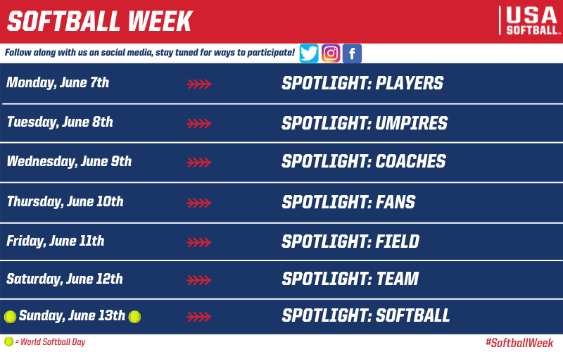 USASoftball's tweet photo. 🗣 Calling all softball athletes, coaches, umpires and fans ⤵️

Join us as we spotlight our sport all week long with #WorldSoftballDay capping our celebrations on June 13 🥎 

Each day we will spotlight a different area of the sport 👉 Follow along using #SoftballWeek https://t.co/7yRpgv7Jj7