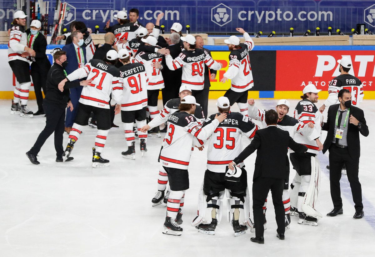 Team Canada celebrates IIHF World Championship gold  on June 6 after 3-2 overtime win against Finland 