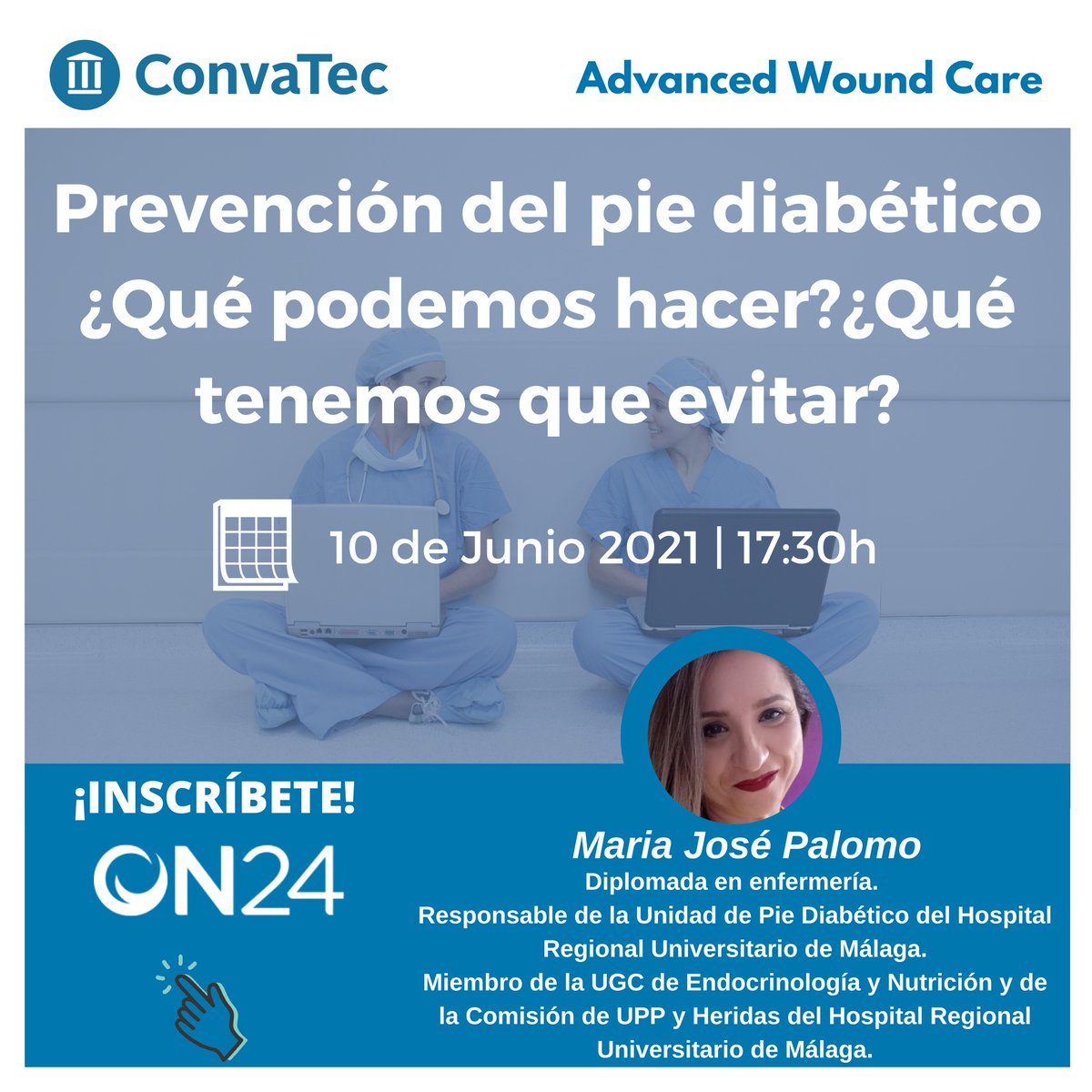 ¡MAÑANA! Si estas interesado en la Prevención del pie diabético, regístrate al webinar de ConvaTec. Una sesión en la que se presentaran las herramientas de las que dispone el profesional sanitario para poder hacer frente al pie del diabético.