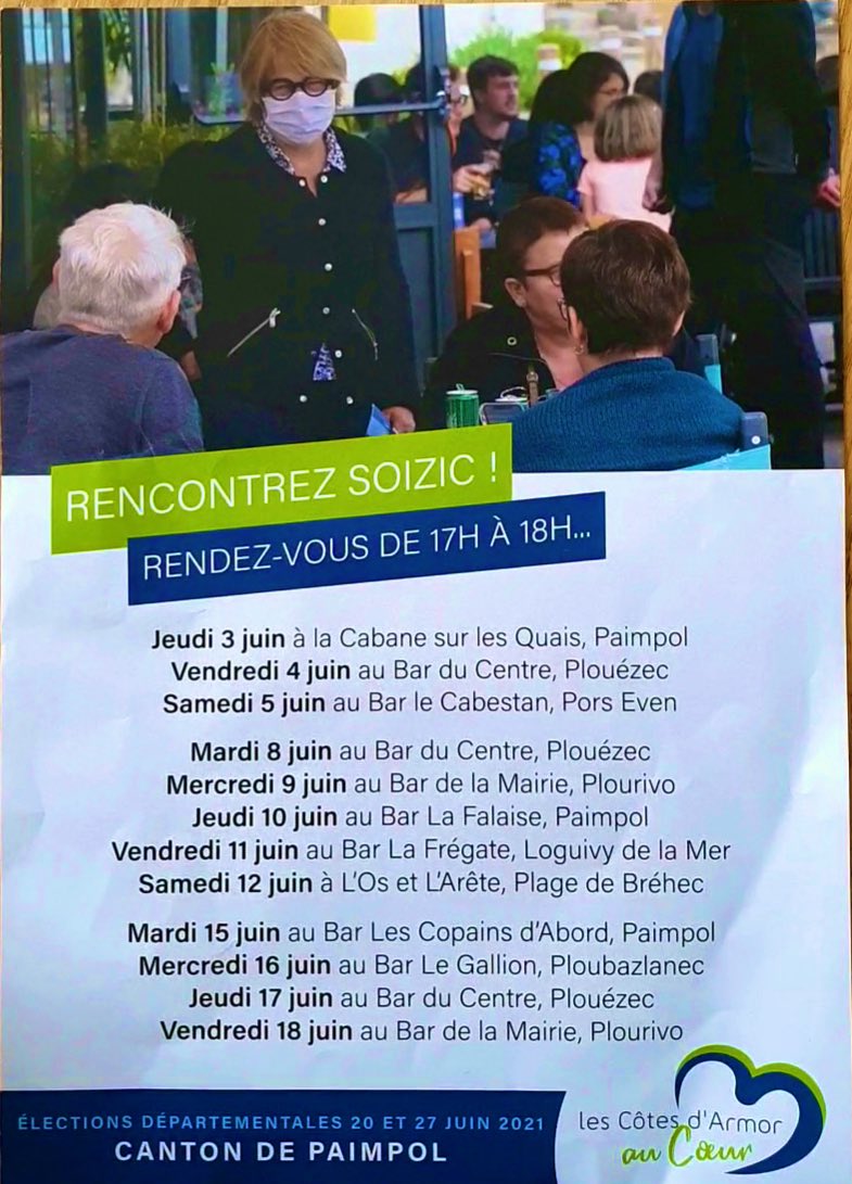 Et si on discutait ensemble ? 👋🏻

Rendez vous avec Soizic de 17h à 18h :

👉🏻 8 juin Bar du Centre #Plouezec 
👉🏻 9 juin Bar de la mairie #Plourivo 
👉🏻 10 juin Bar la falaise #Paimpol 
👉🏻 11 juin Bar la frégate #Loguivy 
👉🏻 12 juin Bar à l’os et l’arête #Brehec 

À vos idées 💡