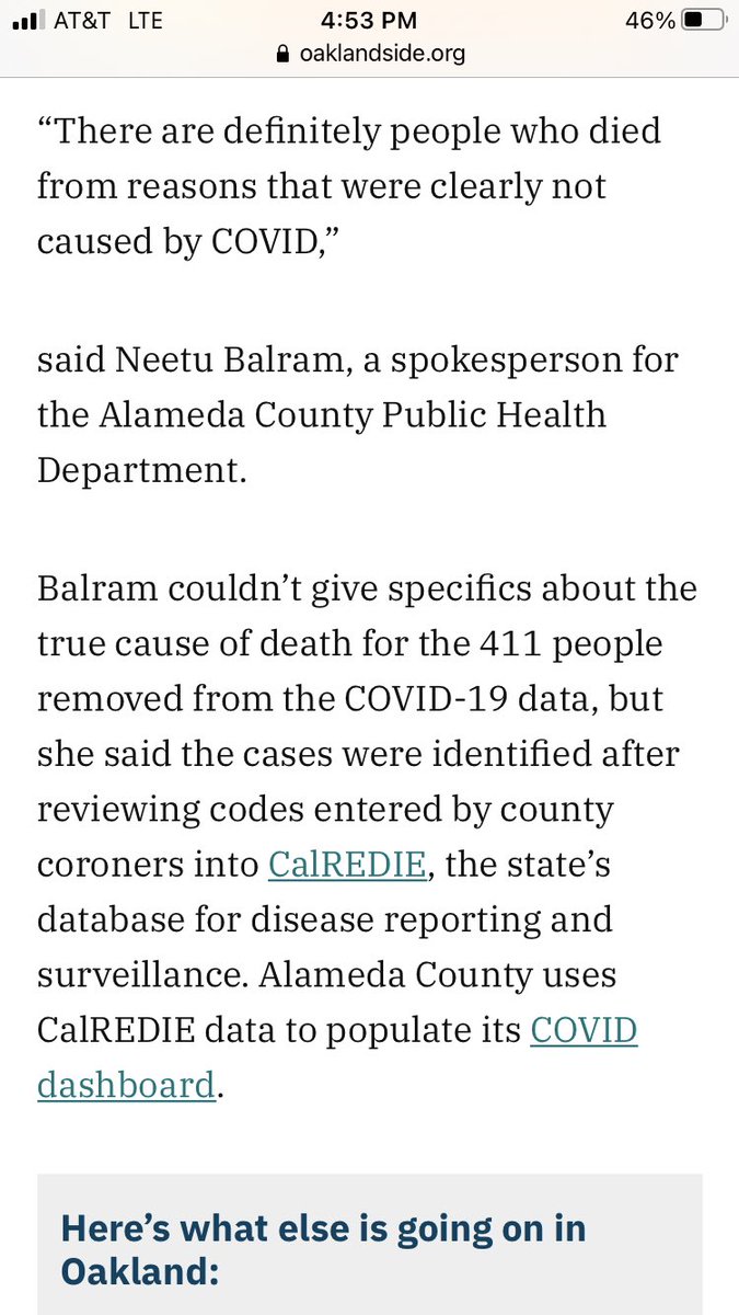 Kudos to Alameda County, California, for announcing it will reduce its count of reported #Covid deaths by 25% - 1 in 4 - after determining that it had included hundreds of deaths where the illness was not the cause.

This is in line with my estimate of overcounting nationally.