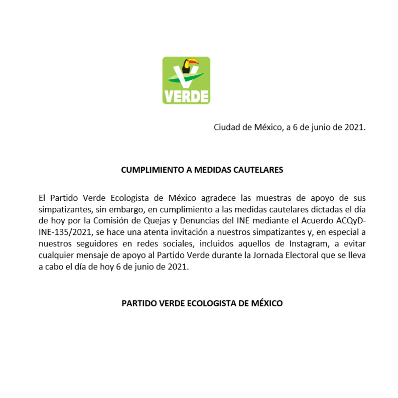 Partido Verde on Twitter: "#COMUNICADO | CUMPLIMIENTO A MEDIDAS CAUTELARES  @INEMexico https://t.co/FhMdikTV5P" / Twitter