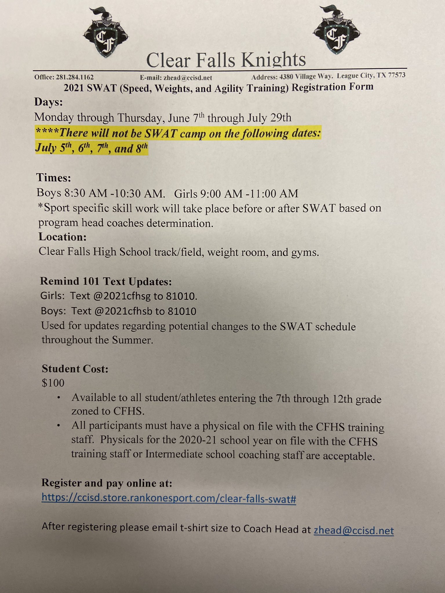 Clear Falls Football on Twitter "SWAT starts tomorrow! 7th9th graders