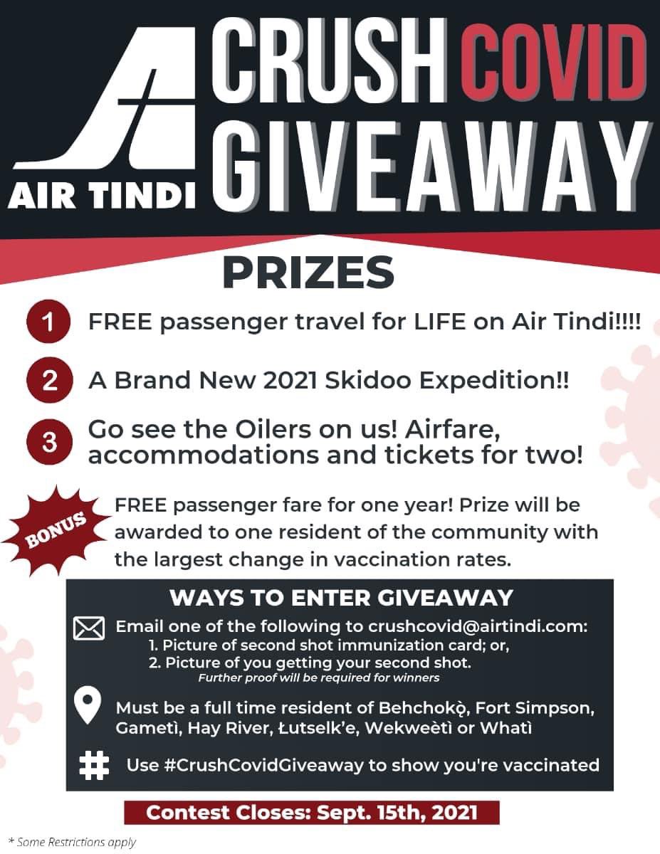 AirTindi's tweet photo. It’s time to #crushcovid in our communities, and the vaccine is the best way to keep our most vulnerable safe… so Air Tindi is holding the greatest of all giveaways, including free tickets for life!  

Get vaccinated and enter to win by showing us you did it!! https://t.co/rQHdInbmtF