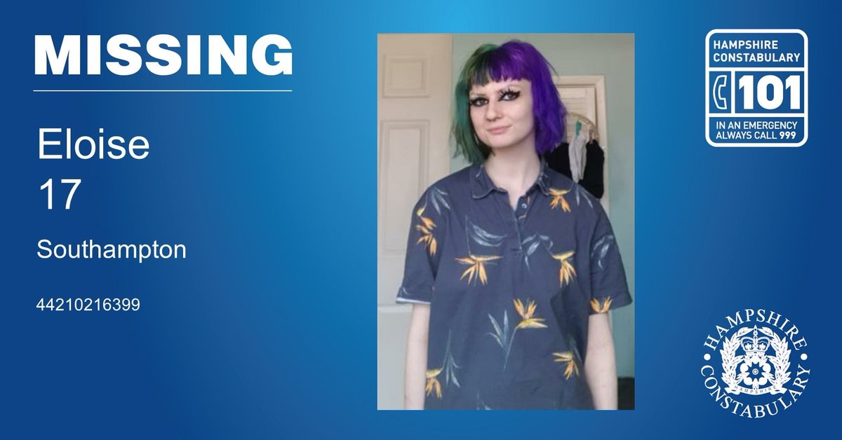 HantsPolice's tweet photo. We are appealing for the public's help to locate 17-year-old Eloise - she was last seen on Thurs 3 June at 10.20pm on Medwall Green in Southampton. 
 
We, and her family, are concerned for her welfare. 

If you have seen Eloise, please call 101 and quote 44210216399. https://t.co/PXgTSoPcpx