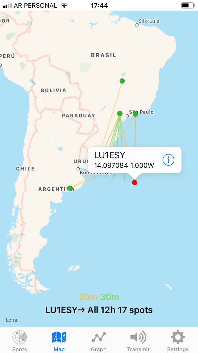 Volando a 12500 metros de altitud sobre el Atlántico, testeando nuevo firmware para tracker zachtek. Emite dos tramas wspr x banda (20 y 30) para más exactitud en altura y seis dígitos grid. Todo funciona ok