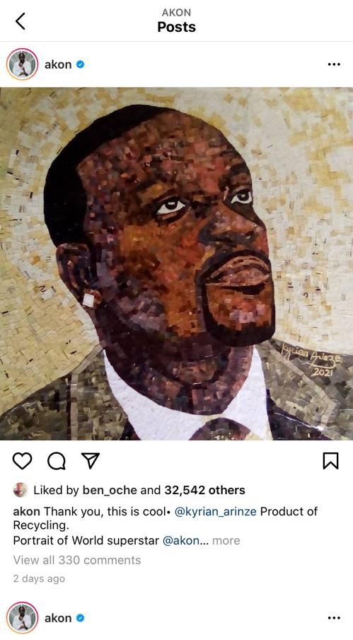 Six weeks ago, a Nigerian youth, Kyrian Arinze made this portrait of me, I gave him a shout out, some advise, some prayers and a small token to support the work his hand. Today his work is on the instagram page of multi-award winning Artist Akon.