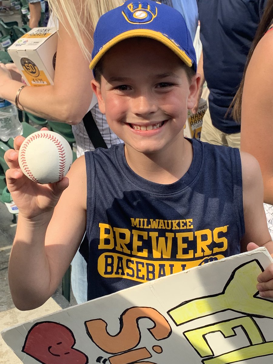 MichelleRustler's tweet image. Game ball from his first Brewers game (won’t be his last)!! #ilovemycrew #amfamfield