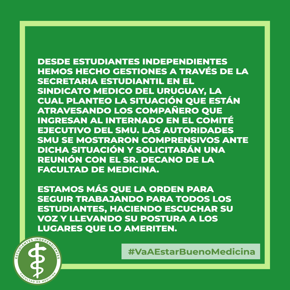 ⚠️Prueba  del Internado 2021-2022⚠️
Desde Estudiantes Independientes hemos gestionado que prontamente se pida reunión desde el comité ejecutivo del SMU con el decano acerca la presencialidad de la prueba del internado de la gen 2015 
#udelar #internado2021 #vaaestarbuenomedicina