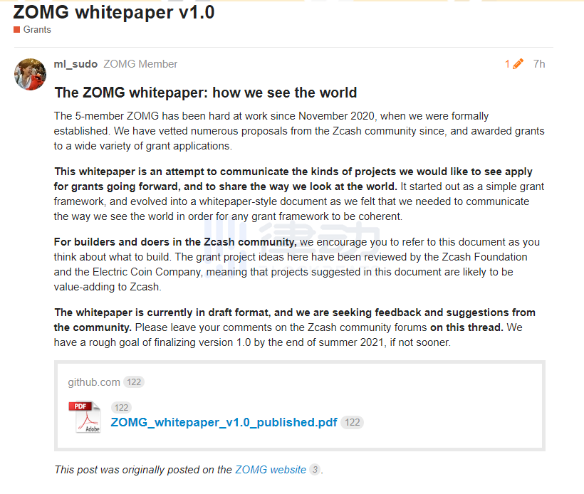 BlockBeatsAsia's tweet image. Just In: @zcash Technical Advisory Committee #ZOMG released the draft version of "ZOMG #WhitePaper v1.0" and is seeking community feedback and suggestions.

Read more: theblockbeats.com/flash/37548