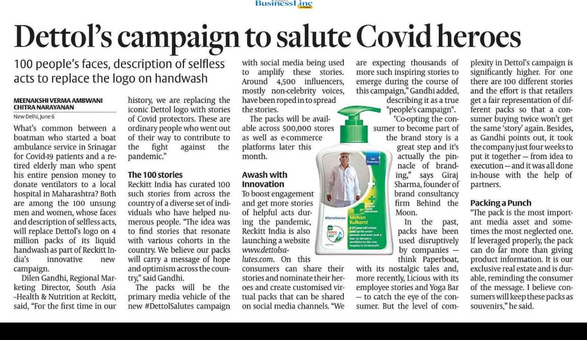 Such a fab campaign by @DettolIndia and a perfect story by @meenaambwani @thehindubiz ! 👏👏this is indeed super inspiring . Pack is the strongest currency and Dettol  just nailed it . A big salute to the team who pulled this off ! . #SwachhSeSwasth #dettolsalutes #covidheroes
