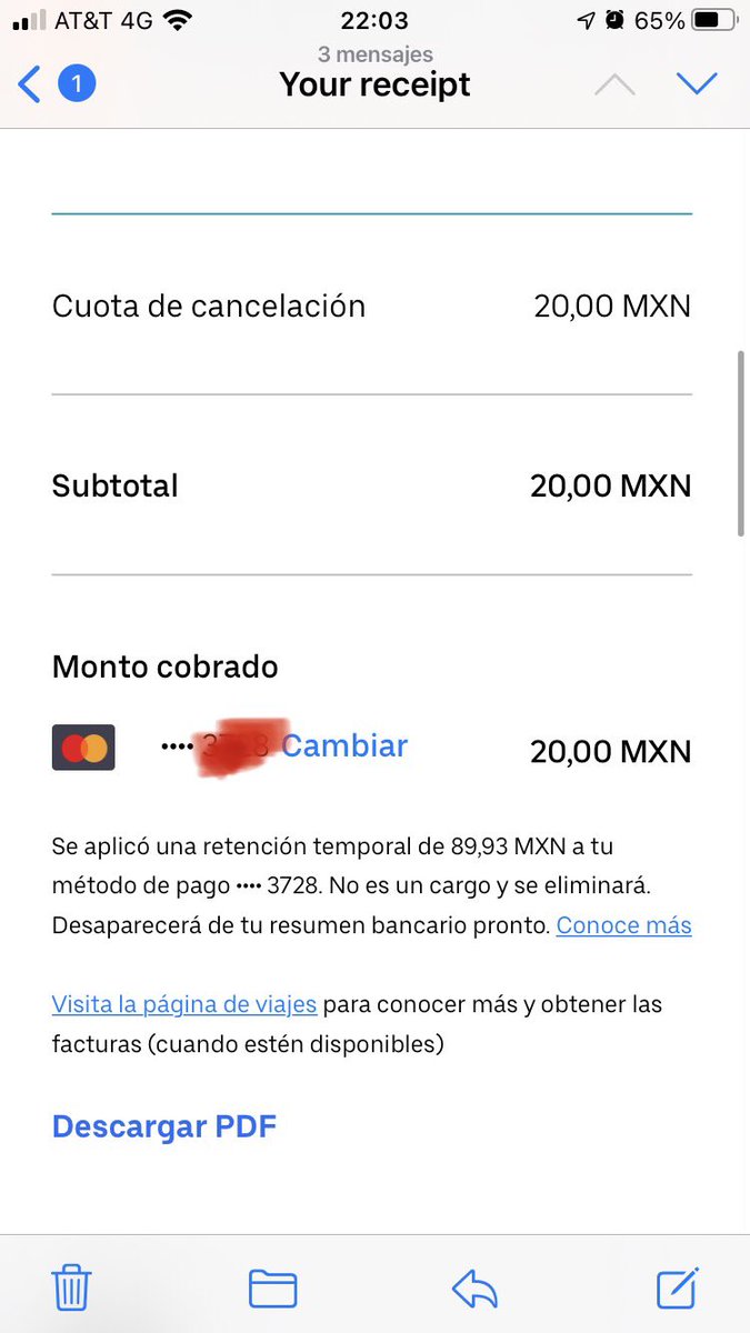 MFer1511's tweet photo. @Uber_MEX 
Cancelé un viaje y en vez de cobrar la cancelación de $20 me cobraron como si hubiera hecho el viaje completo. 
Además las hora de pedido aceptado y cancela ni coinciden.
5580977101 https://t.co/Two5S5SOlW