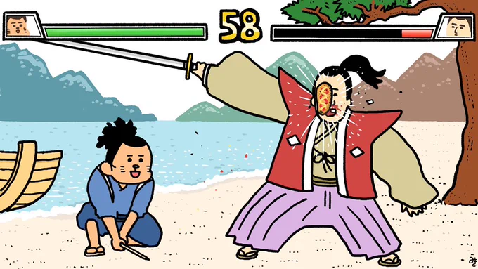 宮本武蔵が佐々木小次郎に棒に刺さったアメリカドッグで攻撃するシーンを描きましたぜひ時代物のお仕事お待ちしております 