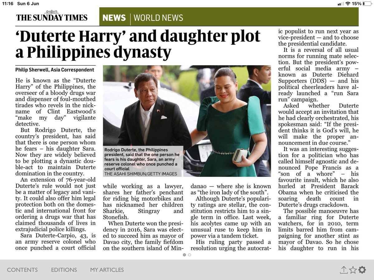 Miller_Reports's tweet photo. #DuterteHarry is hatching a plan for his clan. With International Criminal Court formal investigation looking likely, the Philippine President has come up with a (predictable) ruse which could help him evade justice. Sunday Times piece by @philipsherwell @AsiaLitAgency https://t.co/ADy40Rvtyy
