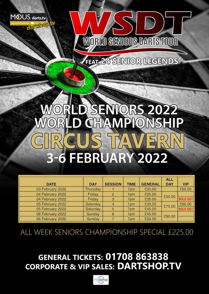 VIP TICKET UPDATE. ~ SATURDAY 5th Feb 2022 - limited tickets left - visit dartshop.tv to secure your VIP option for #WC2020SeniorsDarts