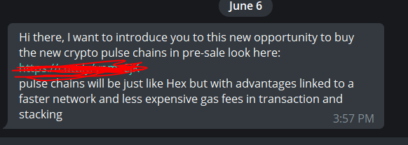 CryptoVince369's tweet photo. People looking to jump into #PulseChain, beware. There's already Telegram scammers DMing people and directing them to a fake version of the website, pointing to a Telegram bot (presumably set up to socially engineer you into sending them crypto). 

Be on your guard. https://t.co/RbH0FgzVA6