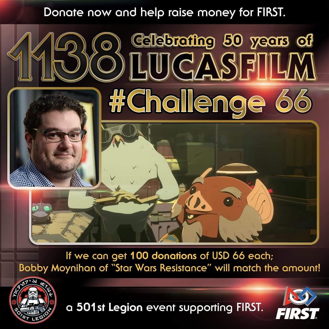 “Matt straight up sucks!” Bobby Moynihan has joined Dee Bradley Baker in #Challenge66. If @501stLegion gets 100 donations of 66$, he will match the amount! Donate: bit.ly/501stCelebrates The beneficiary is FIRST, a STEM program that assists young minds in achieving their goals.