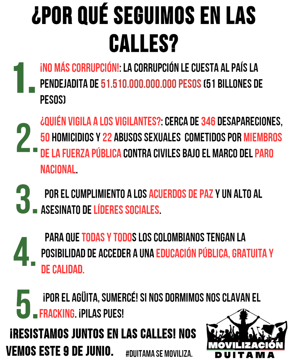 mov_duitama's tweet photo. ¿Por qué seguimos en movilización?
. 
Nos preparamos para seguir resistiendo este Miércoles 9 de junio. 
Pendientes de nuestras redes, pronto mas información, de la movilización para esta semana.🗣️📣 https://t.co/ByoJCe5Gin